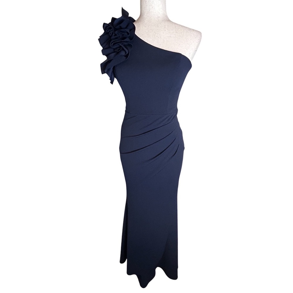Aqua Gown Women 2 Navy One Shoulder Ruffle Scuba Formal Dress